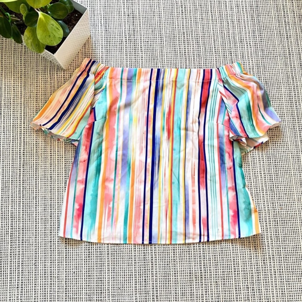 Do+Be watercolor rainbow stripe OTS silky flowy blouse